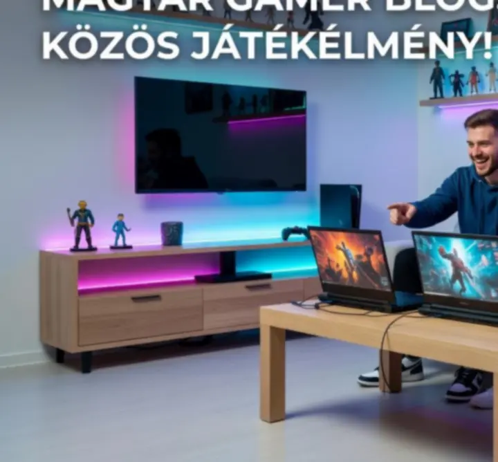 Gaming blog felület illusztrációja neon hangulatú UI elemekkel